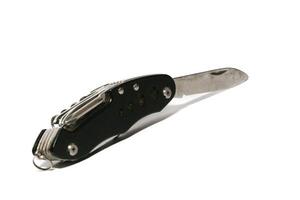 Pocket knife. Steel arm. Multi tool kit. A small folding knife was tied. Multi tool for climbing. White background pocket folding knife photo