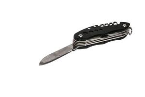 Pocket knife. Steel arm. Multi tool kit. A small folding knife was tied. Multi tool for climbing. White background pocket folding knife photo