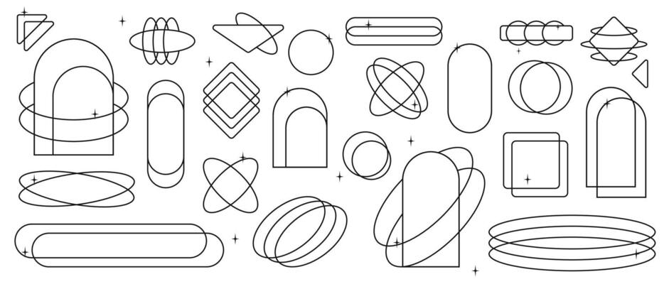 Star frame icon set. Linear frames with stars collection. Circle frames with sparkle stars. Thin line style icons.