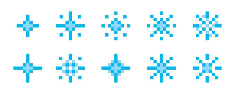 Pixel star set. Shiny stars pixel art icon set. 8-bit stars. Pixelated stars. Sparkling stars pixel art.