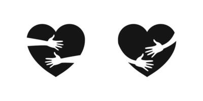 Heart icon set. Heart hugging icons. Hug icons. Heart shapes vector