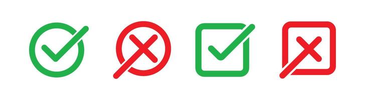 Green check mark, red cross mark icon set. Isolated tick symbols, checklist signs, approval badge. Checkmark and X mark icon, buttons. vector