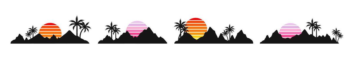 Silhouettes of palm trees and sun . Palm trees and sunrise silhouette. Tropical landscape illustration vector