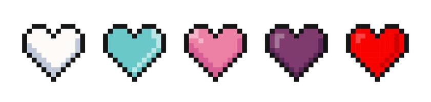 píxel Arte corazón. Arte 8 poco píxel corazón recopilación. píxel corazón icono colocar. píxel juego vida bar. vector