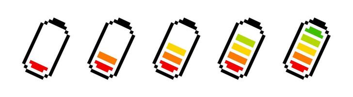 Pixel battery icons. Battery charging process. Battery charge level. Pixel battery indicator. Pixel art 8-bit. Simple 8bit pixel battery vector