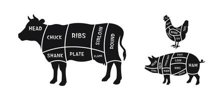 Meat diagrams. Cuts of meat. Cutting lines for meat. Butcher lines. vector