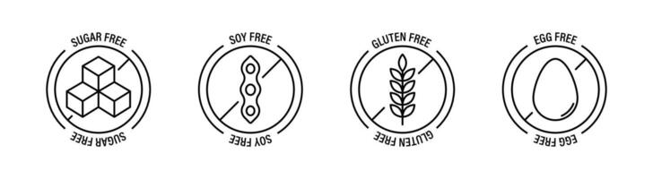 Allergen free products. Products warning symbols. Gluten free, soy free,sugar free, fat free, lactose free. vector