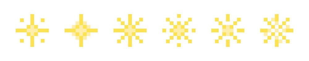 Pixelated stars. Pixel star set. Shiny stars pixel art icon set. 8-bit stars. Sparkling stars pixel art. vector