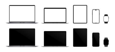 Watch, smartphone, tablet, laptop and pc monitor. Realistic device set. vector