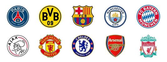 UEFA Champions League team logo set. PSG, real madrid, barcelona, chelsea, manchester city, Juventus, Manchester united. vector