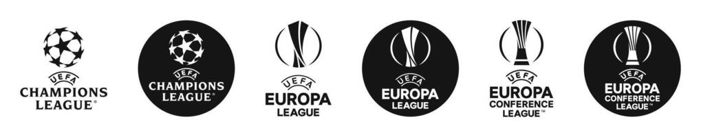 campeones liga, uefa europa liga, europa conferencia liga. oficial uefa europeo taza logotipos conjunto de europeo fútbol americano torneo logotipos río, Ucrania - noviembre 20, 2023 vector