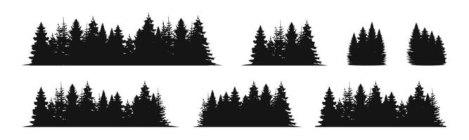 Forest silhouette landscape set. Spruce and pine tree flat black scenery. vector