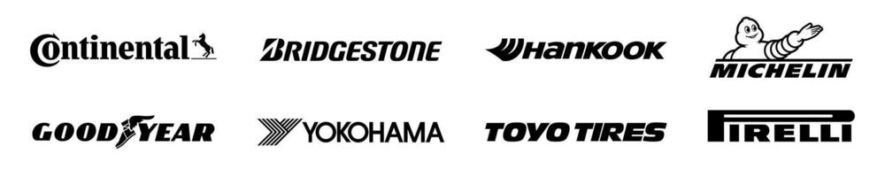 Popular tires emblem logo set. Top tires brands. Pirelli, Good year, Continental, Bridgestone, Michelin, yakohama. Rivne, Ukraine - November 20, 2023 vector