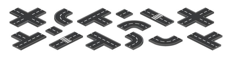 Road isometric intersection element set. Roadway elements isometry style. vector