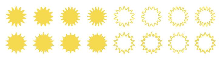 Sun icons. Sun simple icons collection. Yellow sun icons. Sunshine and solar glow, sunrise or sunset icons vector