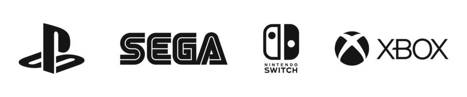 Gaming console brand logos. Game industry brands. Sony PlayStation, Nintendo, X-Box, Sega. vector