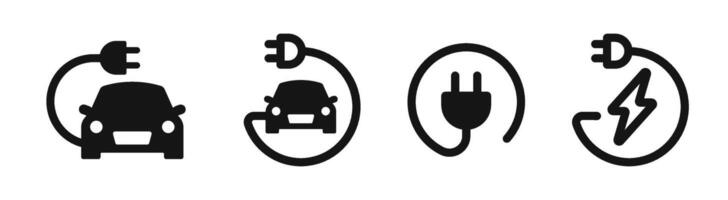 Electric car. Electric car with plug icon symbol set. Set of green electric car with plug. Electric car charger vector