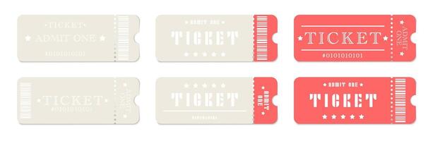 Ticket illustrations. Admit one. Admit coupon. Ticket for concert, boarding, lottery, movie. vector