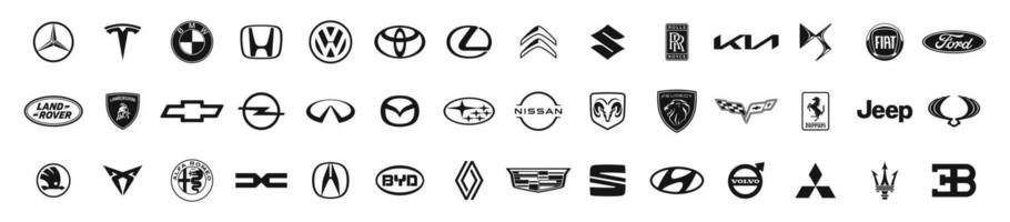 Popular car brand logos. Top car brands icon set. VW, BMW, Audi, Mercedes, Lexus, Renault, Ford, Toyota, Honda vector