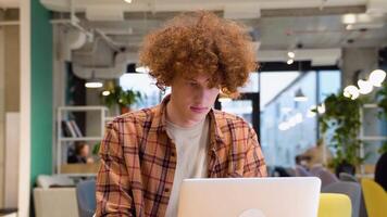 animado programador ou blogueiro verificação o email lendo ótimo notícia em computador portátil video