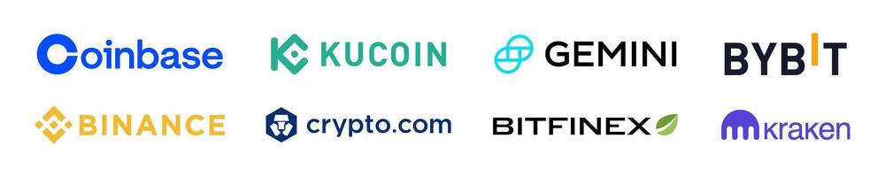 Cryptocurrency Exchange logos icons set. Cryptocurrency Exchange company logos. Binance,Kucoin, Kraken, Gemini, Bybit... Rivne, Ukraine - November 20, 2023 vector