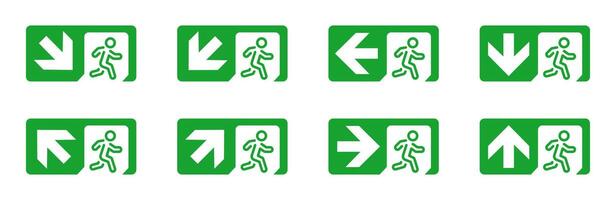 emergencia salida cion colocar. verde salida flechas evacuación dirección. plano estilo iconos.emergencia salida cion colocar. verde salida flechas evacuación dirección. plano estilo iconos vector