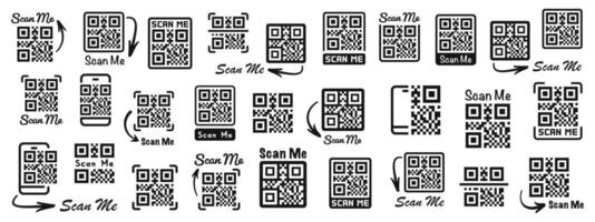 QR code silhouettes. Scan me icons. Quick response code icon set. Silhouette style icons. vector