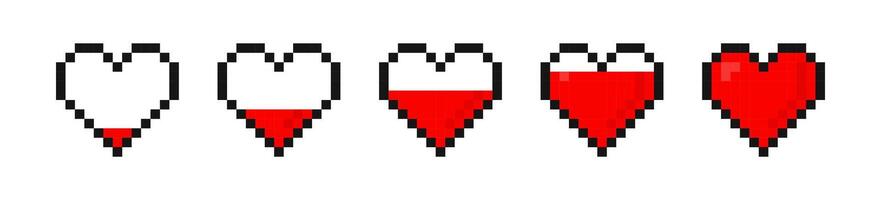 Pixel art heart. Pixel heart icon set. Pixel game life bar. art 8 bit health heart bar. vector