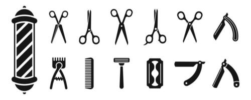 Barbershop elements icons. Blades and scissors icons. Barbershop symbol set. Silhouette style icon set. vector