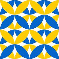 Geometric symmetrical seamless pattern with blue and yellow shapes on a white background. vector