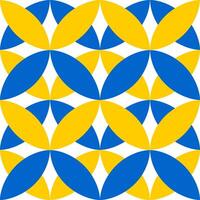 Geometric symmetrical seamless pattern with blue and yellow shapes on a white background. vector