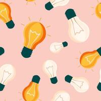 Electric light bulbs are randomly scattered on a light pink background to form a seamless pattern. vector