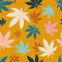 Cannabis leaves, similar to maple leaves, form a botanical seamless pattern on a yellow background. vector