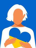 A beautiful stylish woman holds a heart colored with the flag of Ukraine in her hands on a blue vertical background. vector