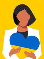 A beautiful stylish woman holds in her hands a heart in the color of the Ukraine flag on a yellow vertical background. vector