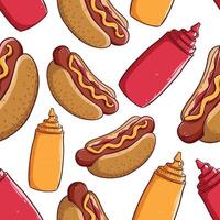 hot dog and sauce bottle in seamless pattern vector