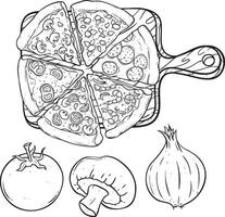 hand drawing delicious slice pizza with lots of topping vector