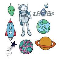 set of doodle outer space elements vector