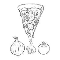 hand drawing delicious slice pizza with lots of topping vector