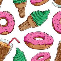 donut, ice cream and soda drink in seamless pattern vector