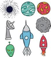 set of doodle outer space elements vector