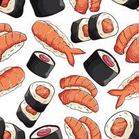 tasty sushi with shrimp in seamless pattern vector