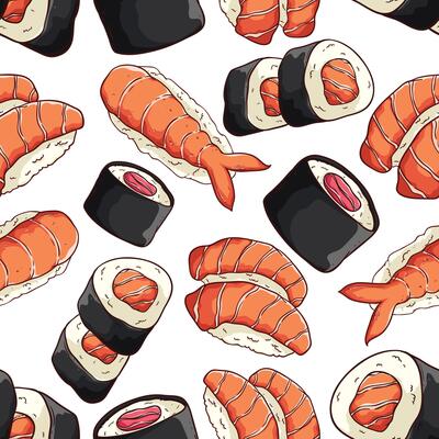 tasty sushi with shrimp in seamless pattern