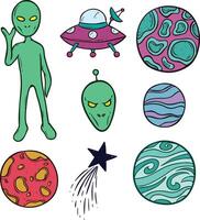 set of doodle outer space elements vector