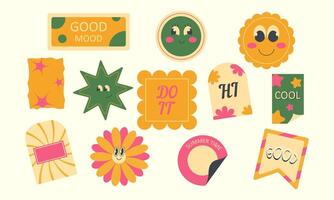 Set of cute multi-colored groovy elements in 2000s style. Vintage style stickers vector
