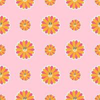 Bright cartoon groovy flowers in 2000s style seamless pattern on pink background vector