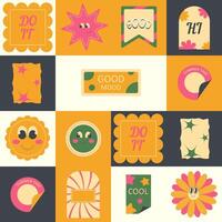 Vintage geometric pattern with cartoon groovy stickers in 2000s style. y2k background vector