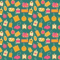 Cute colorful price tags in cartoon style seamless pattern on green background vector