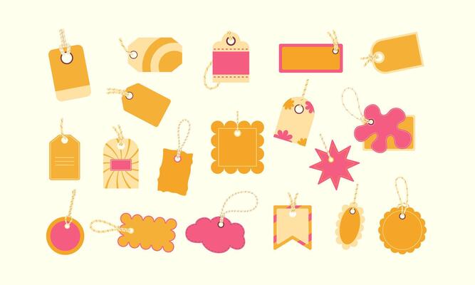Set of colored price tags of various shapes. 2000s elements
