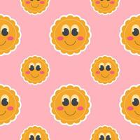 Bright cartoon groovy sun in 2000s style seamless pattern on pink background vector